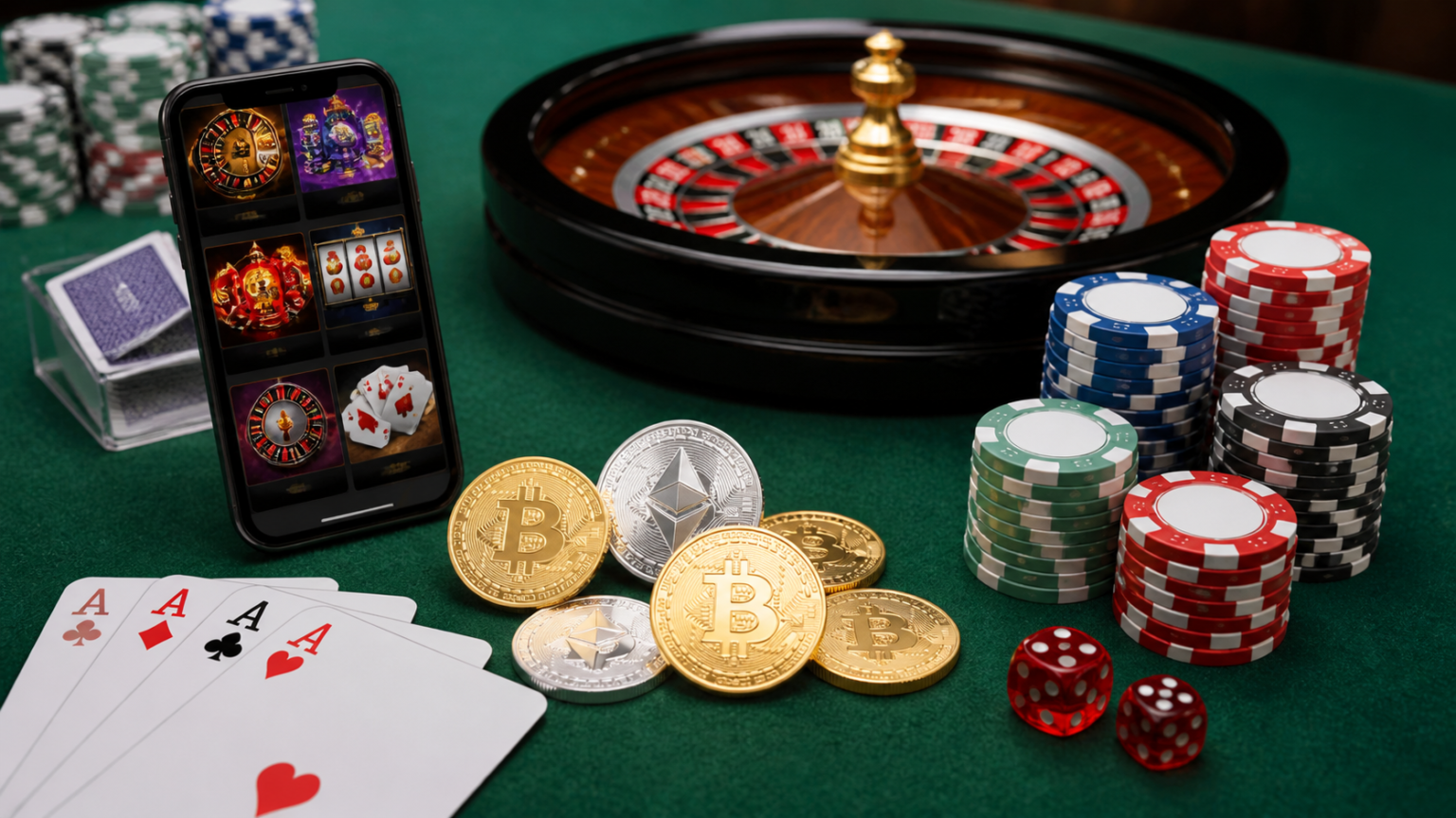 仮想通貨 カジノで楽しめるSlots Casinosの人気ゲームタイプを解説 Online crypto casino screen with chips and digital coins