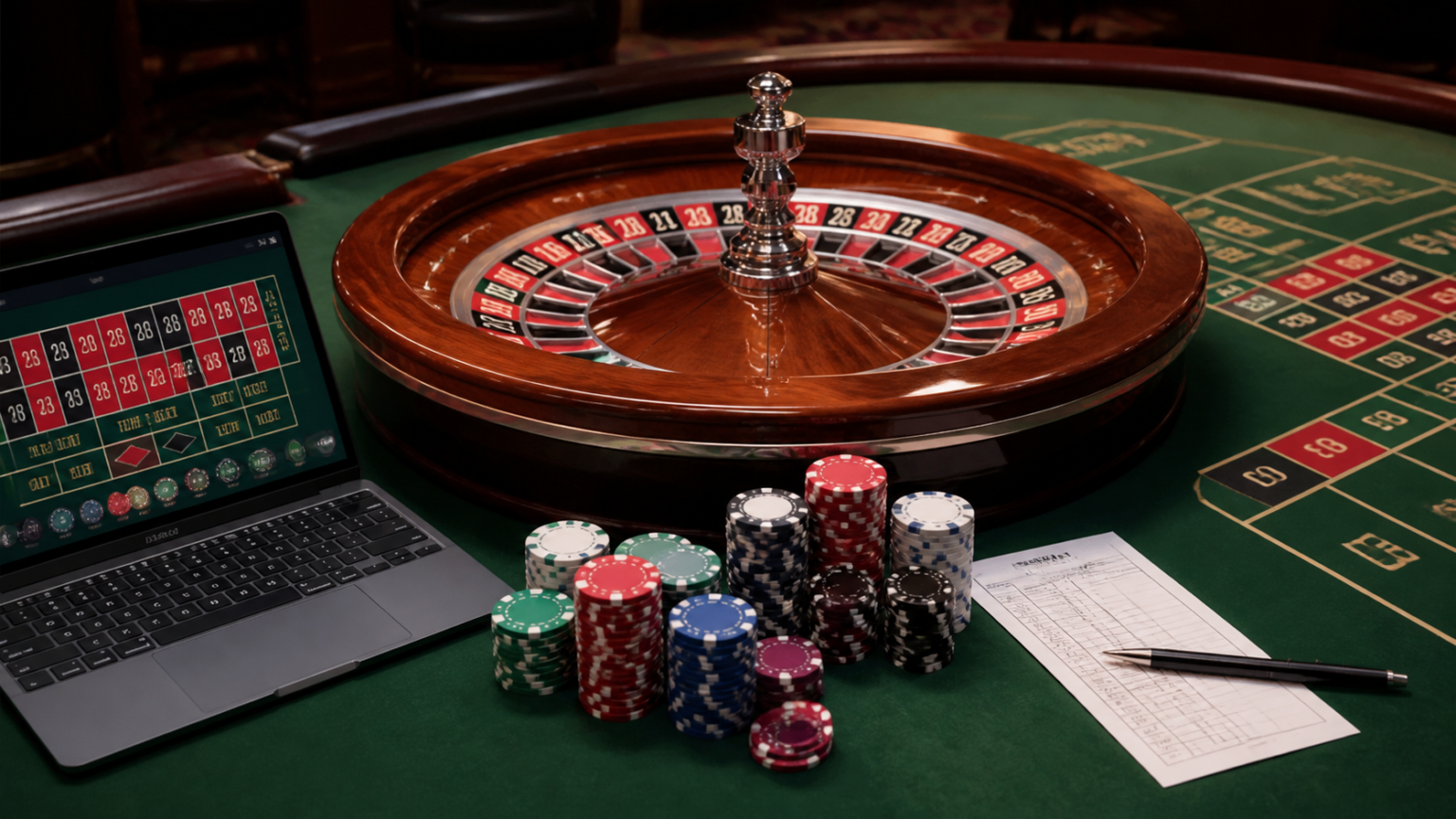 Judi Online: Menyelami Dunia Permainan Kasino Digital Casino-related betting site on a laptop with chips and a betting slip