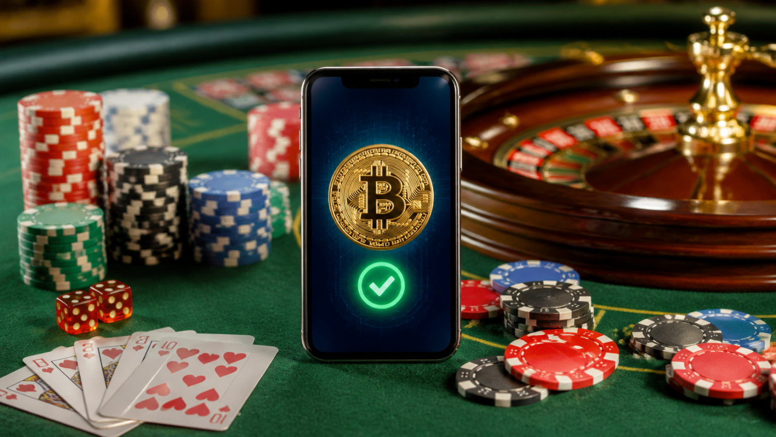Casino table with chips and smartphone showing crypto payment
