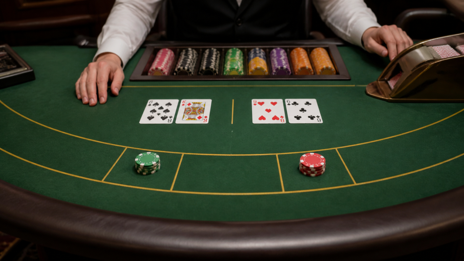 game bài baccarat: luật chơi, cách đọc bàn và lưu ý Bàn chơi baccarat với bài tây, phỉnh và các cửa cược Người chơi, Nhà cái