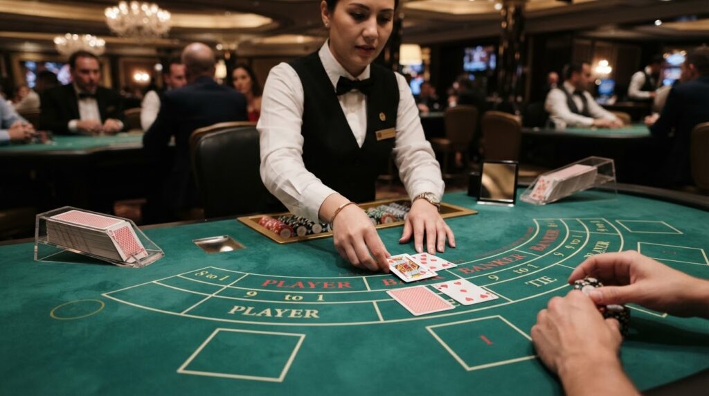 Bàn chơi baccarat trực tuyến với bài tây và chíp cược sang trọng