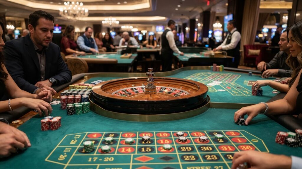 High angle view of a luxury casino roulette table with chips and cards