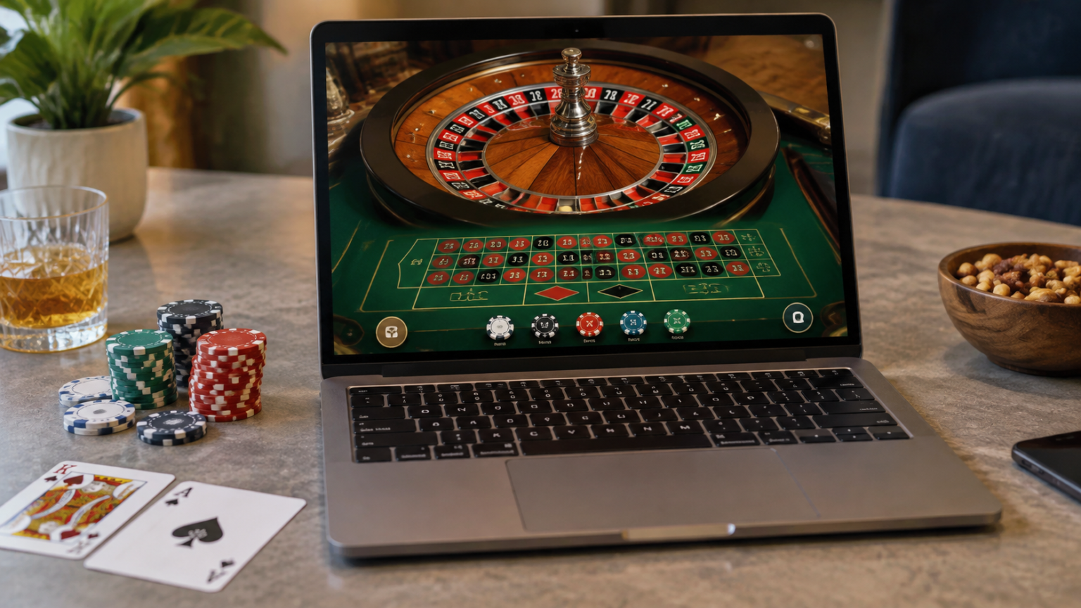 online casino Singapore: A Practical Guide to Casino Games Laptop showing an online casino roulette game beside playing cards and casino chips