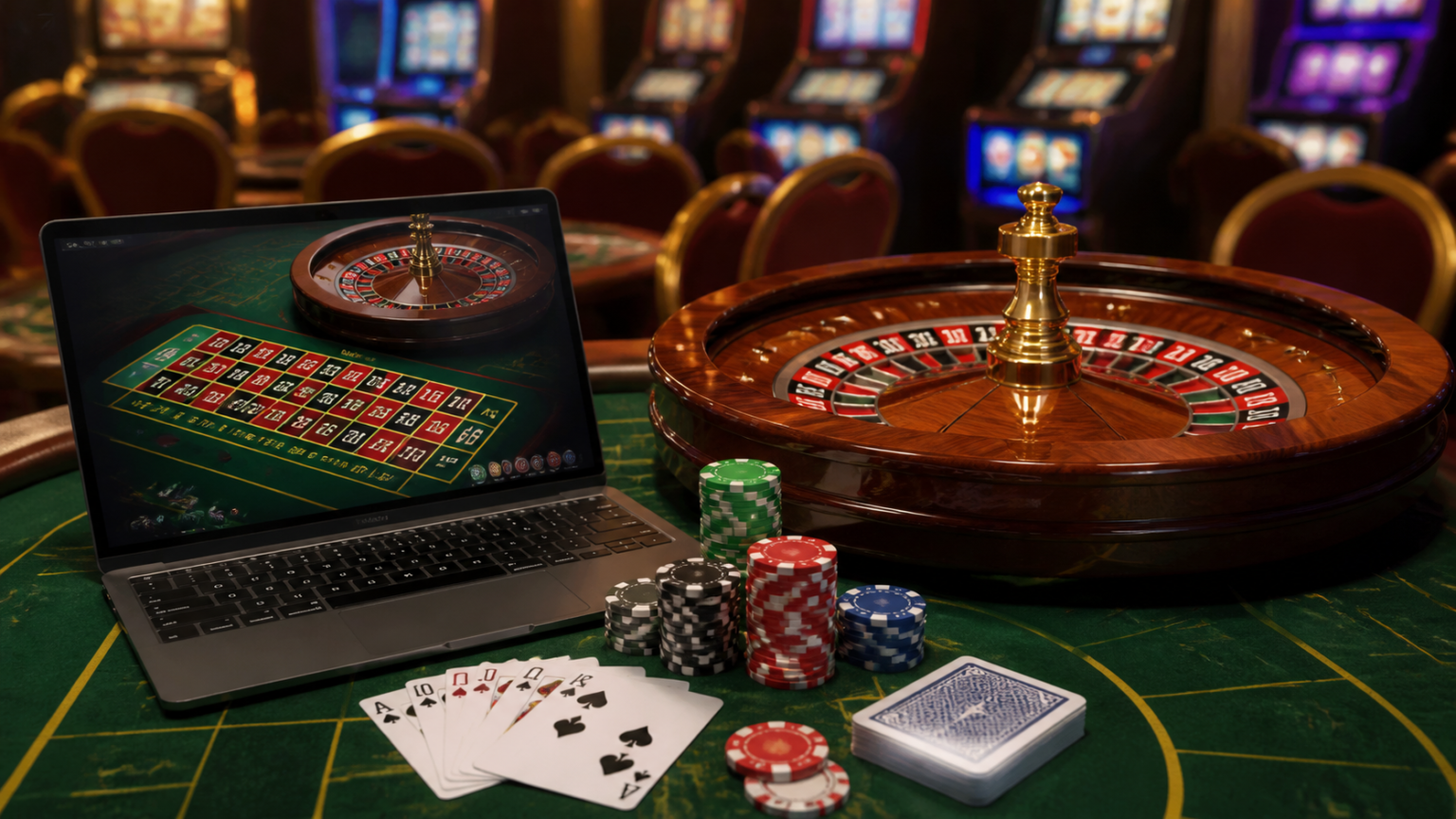 Online Casino Strategy: How to Play Smarter and Safer Casino table with chips and a laptop showing online casino games