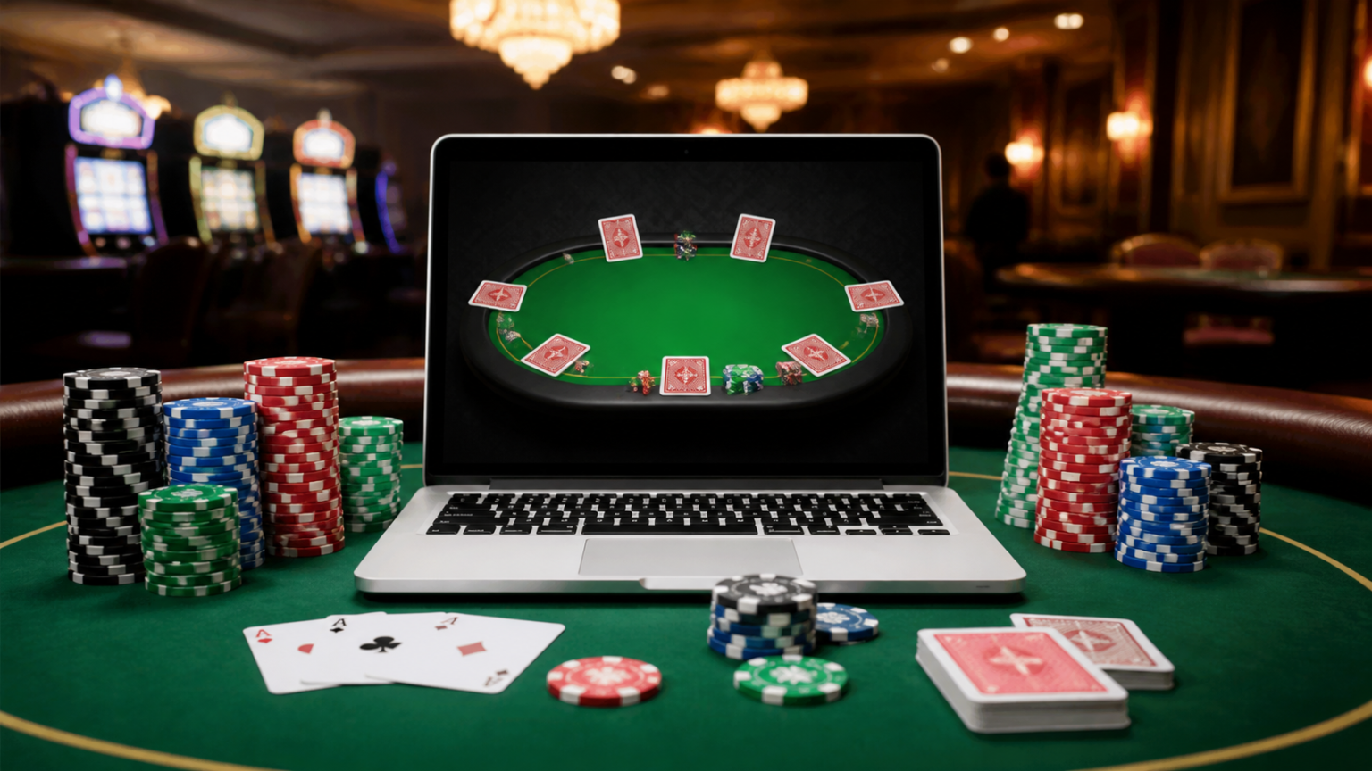 How Online Poker Works for Malaysian Players: online poker malaysia Poker chips and cards beside a laptop showing an online poker table