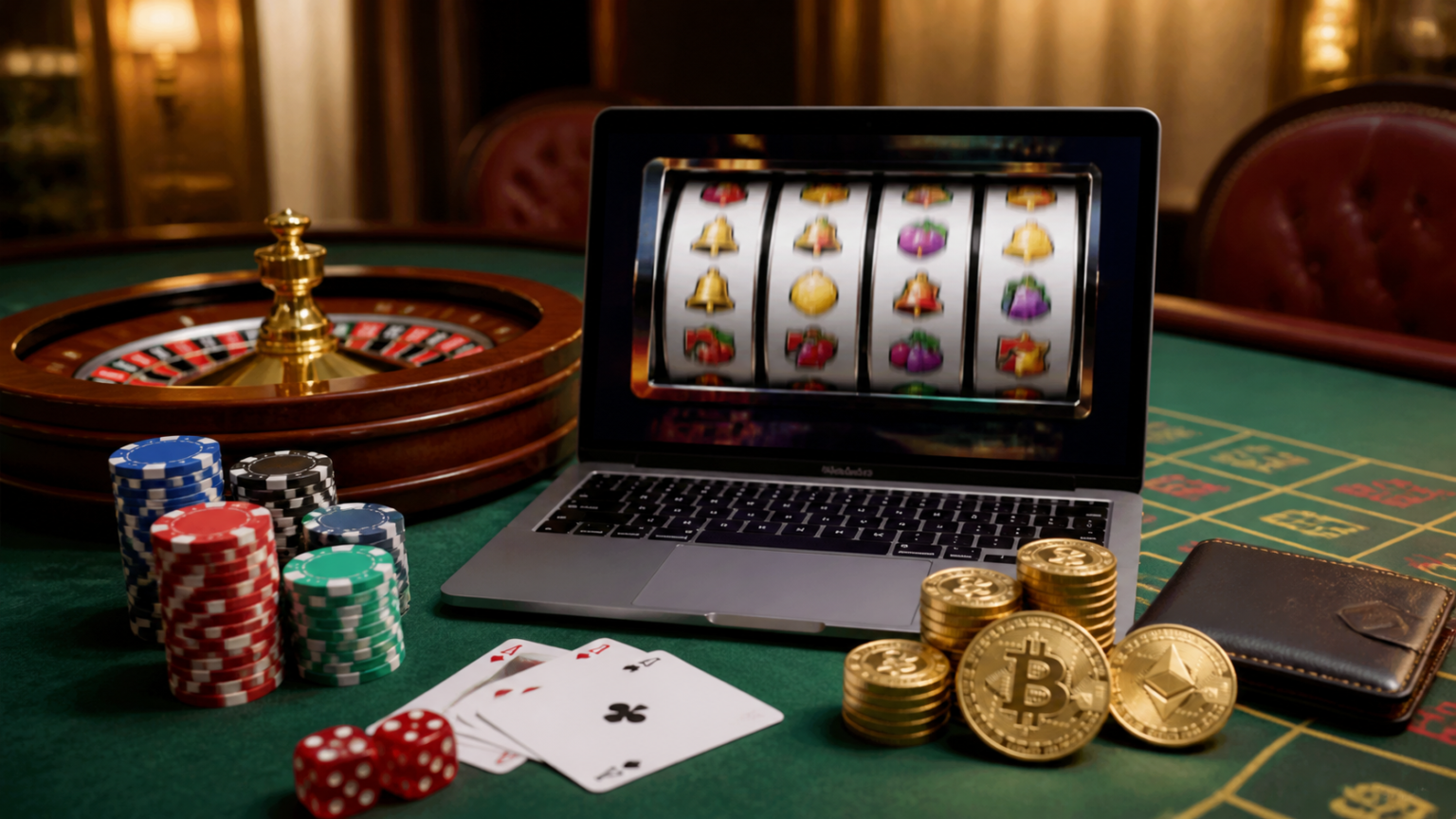 Crypto casino gaming setup with slots and digital payment elements