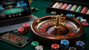 Online casino gaming setup with roulette wheel and device