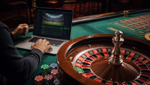 토토사이트추천을 볼 때 꼭 확인해야 할 기준 카지노 칩과 룰렛 옆에서 토토 사이트를 살펴보는 장면