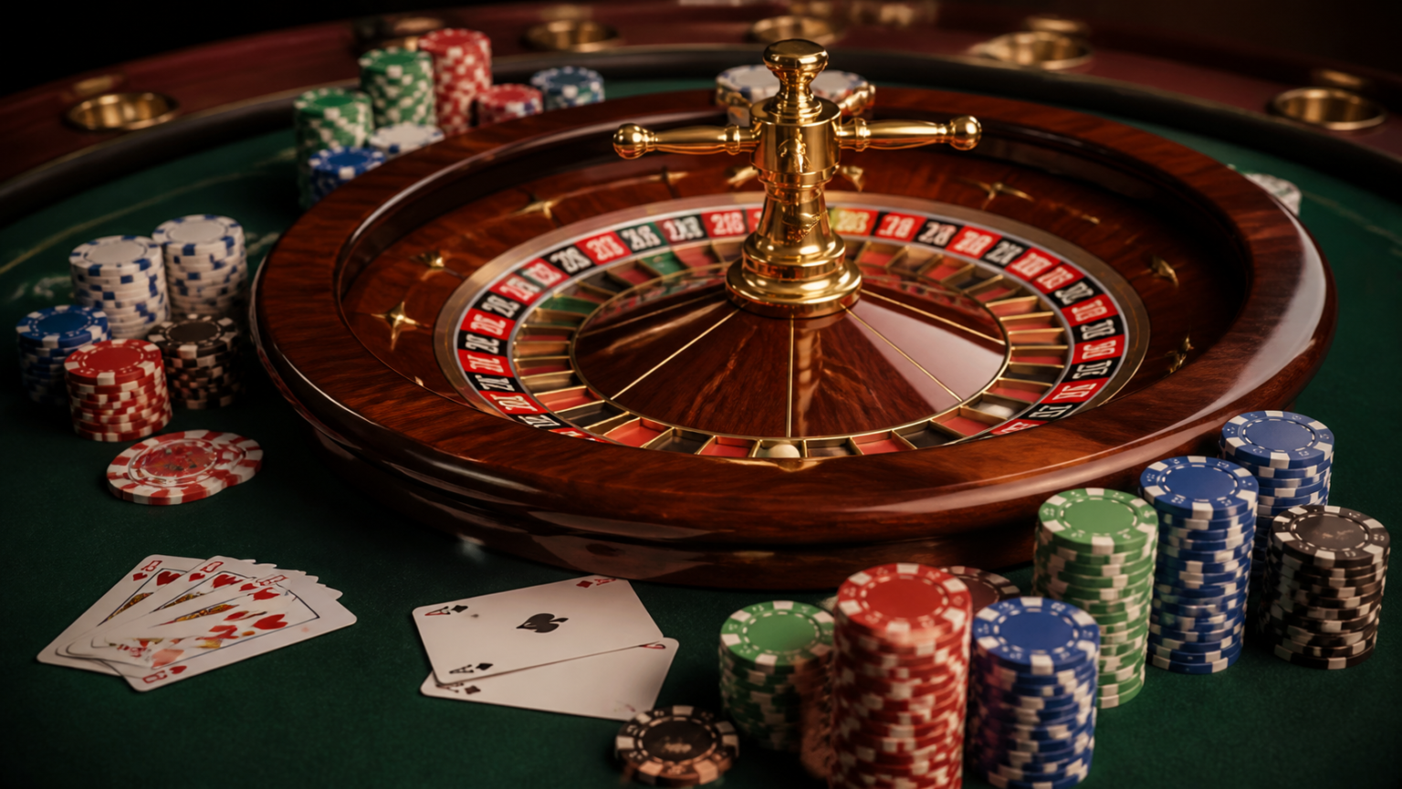 คาสิโนออนไลน์ ในยุคใหม่: แนวโน้มและทิศทางของอุตสาหกรรม Casino table with cards, chips, and roulette wheel